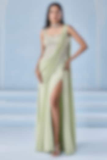 Mint Green Georgette Embellished Pre-Stitched Wedding Saree Set by Seema Thukral at Pernia's Pop Up Shop