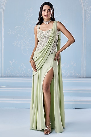 Mint Green Georgette Embellished Pre-Stitched Saree Set by Seema Thukral