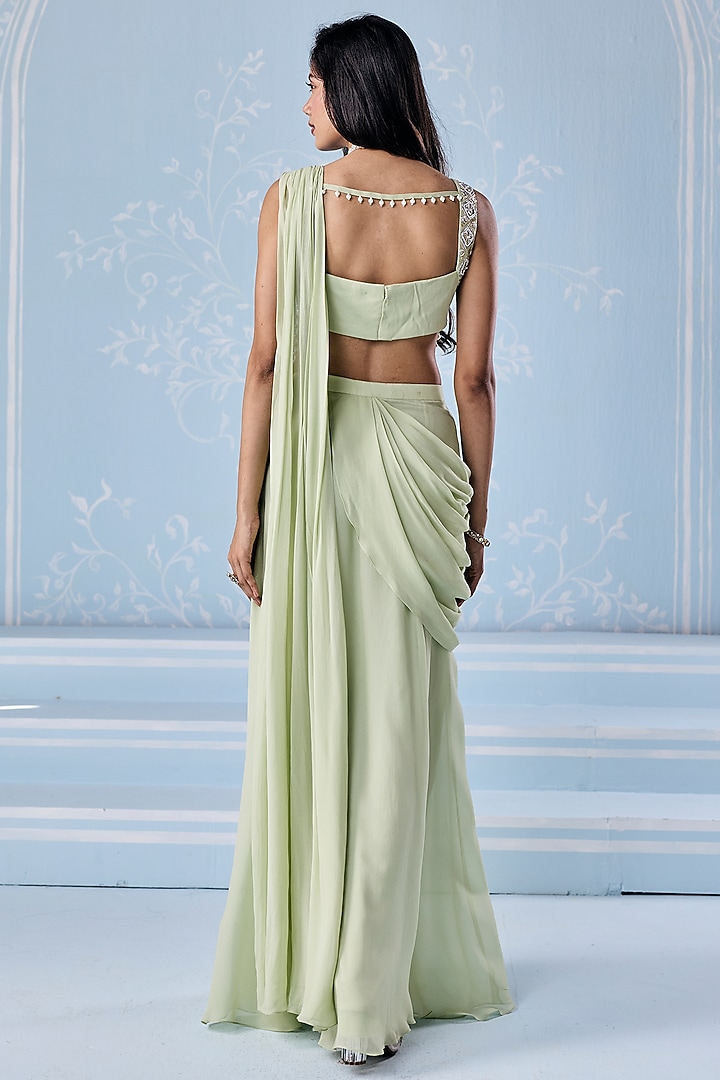 Mint Green Georgette Embellished Pre-Stitched Wedding Saree Set by Seema Thukral at Pernia's Pop Up Shop