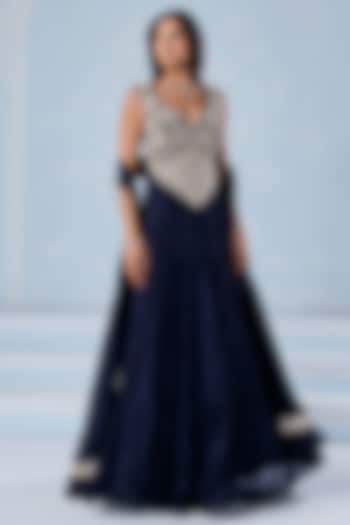 Navy Blue Chiffon Embellished Wedding Anarkali Set by Seema Thukral at Pernia's Pop Up Shop