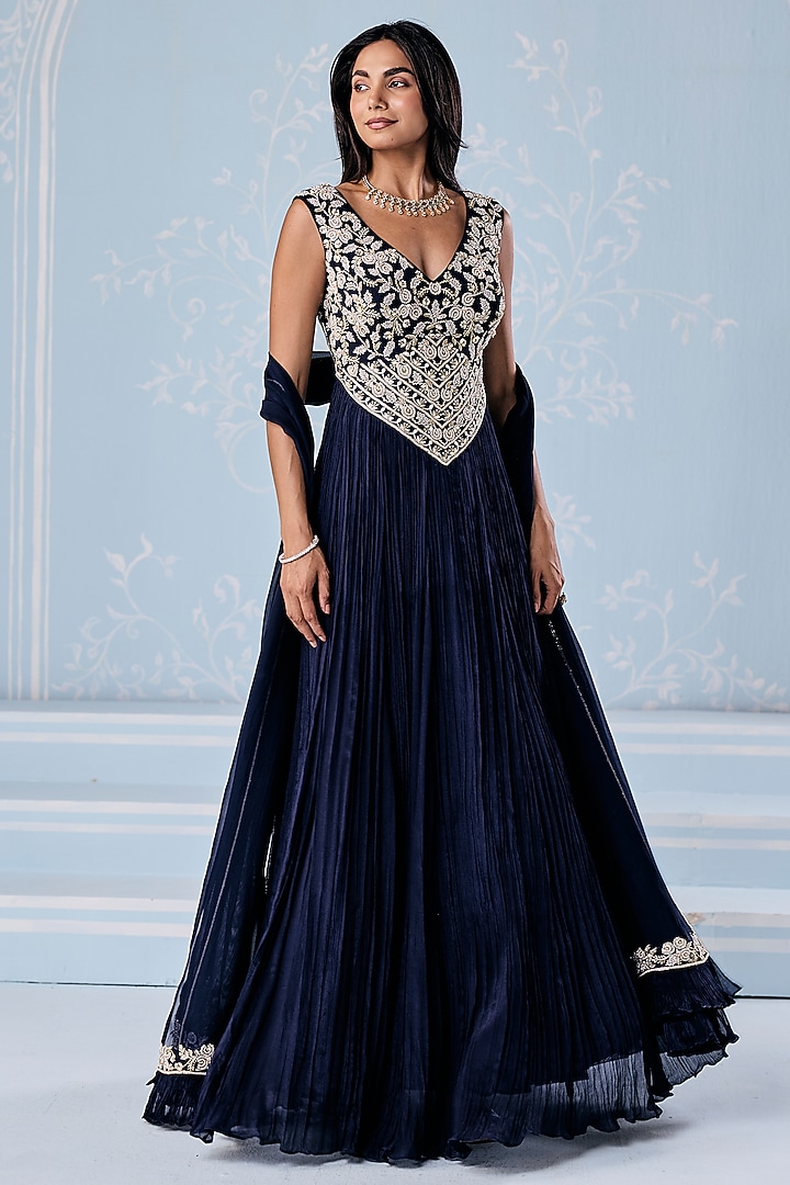 Navy Blue Chiffon Embellished Wedding Anarkali Set by Seema Thukral at Pernia's Pop Up Shop