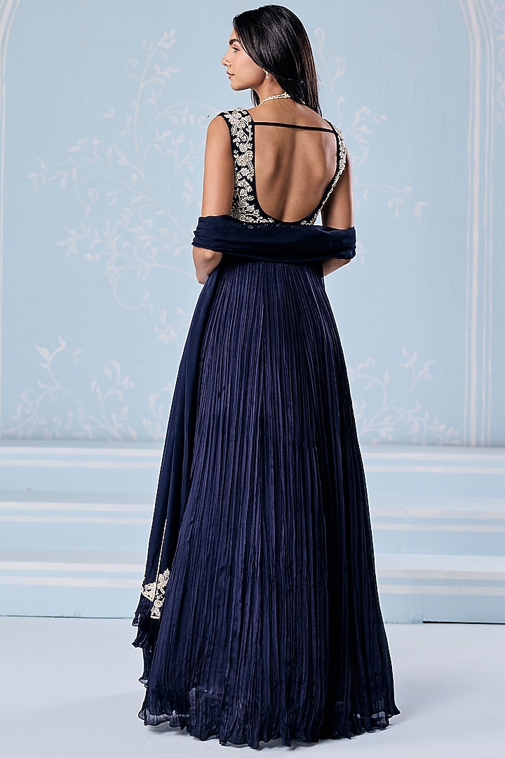 Navy Blue Chiffon Embellished Wedding Anarkali Set by Seema Thukral at Pernia's Pop Up Shop