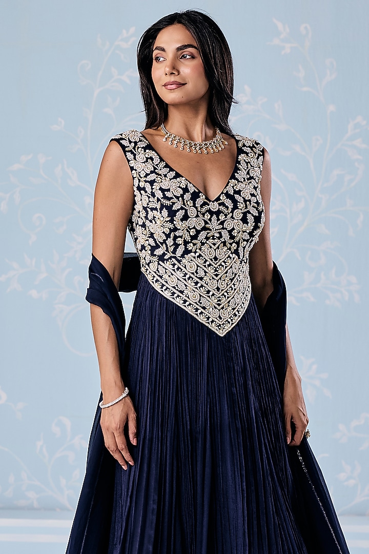 Navy Blue Chiffon Embellished Wedding Anarkali Set by Seema Thukral at Pernia's Pop Up Shop