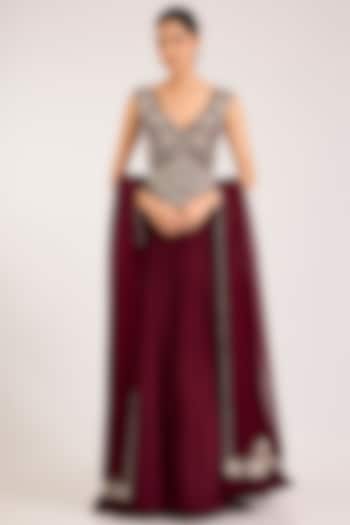 Maroon Chiffon Embellished Wedding Anarkali Set by Seema Thukral at Pernia's Pop Up Shop