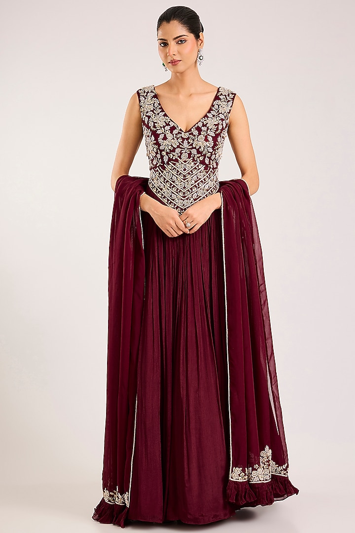 Maroon Chiffon Embellished Wedding Anarkali Set by Seema Thukral at Pernia's Pop Up Shop