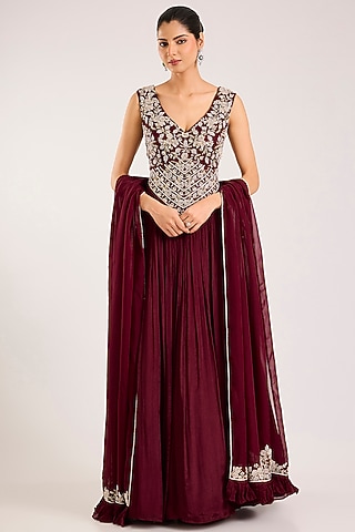 Maroon Chiffon Embellished Anarkali Set by Seema Thukral
