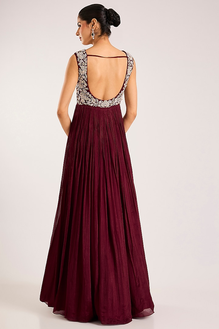 Maroon Chiffon Embellished Wedding Anarkali Set by Seema Thukral at Pernia's Pop Up Shop