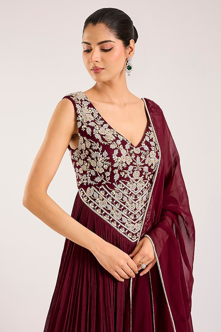 Maroon Chiffon Embellished Wedding Anarkali Set by Seema Thukral at Pernia's Pop Up Shop