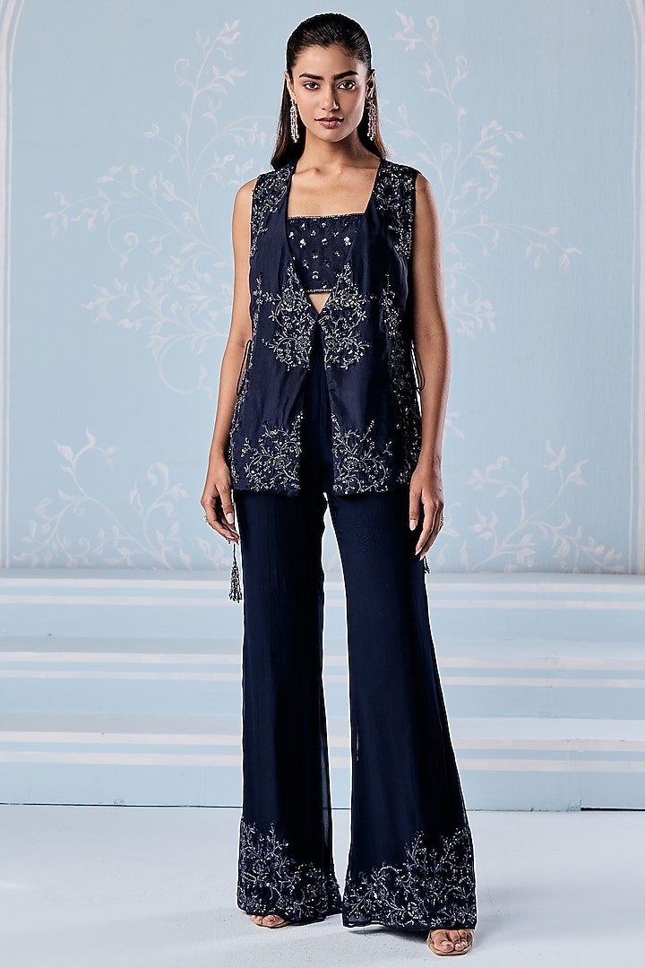Navy Blue Habutai Silk Embellished Jacket Set by Seema Thukral at Pernia's Pop Up Shop