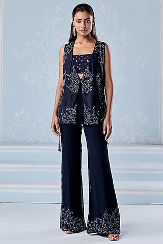 Navy Blue Habutai Silk Embellished Jacket Set by Seema Thukral