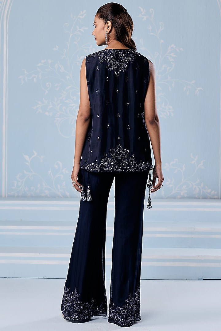 Navy Blue Habutai Silk Embellished Jacket Set by Seema Thukral at Pernia's Pop Up Shop