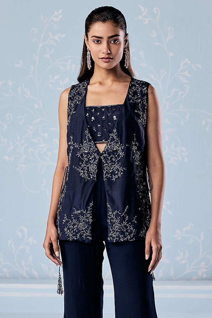 Navy Blue Habutai Silk Embellished Jacket Set by Seema Thukral at Pernia's Pop Up Shop