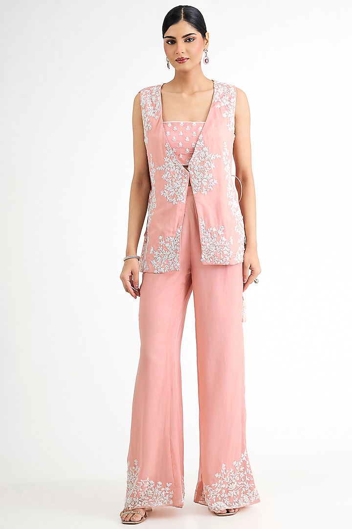 Dusty Pink Habutai Silk Embellished Jacket Set by Seema Thukral at Pernia's Pop Up Shop