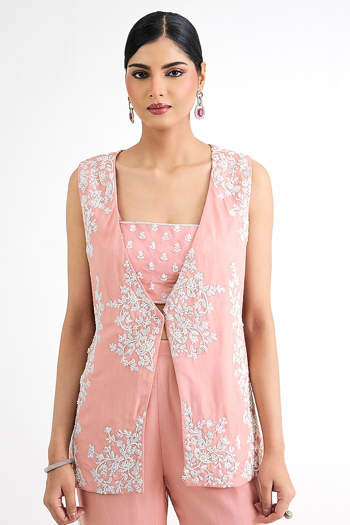 Dusty Pink Habutai Silk Embellished Jacket Set by Seema Thukral at Pernia's Pop Up Shop
