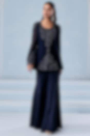 Navy Blue Habutai Silk Embellished Jacket Set by Seema Thukral at Pernia's Pop Up Shop