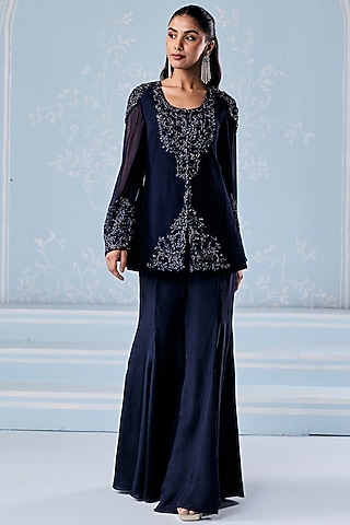 Navy Blue Habutai Silk Embellished Jacket Set by Seema Thukral