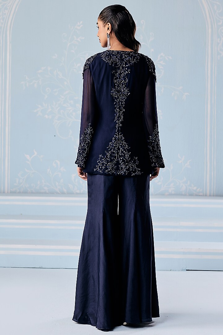 Navy Blue Habutai Silk Embellished Jacket Set by Seema Thukral at Pernia's Pop Up Shop