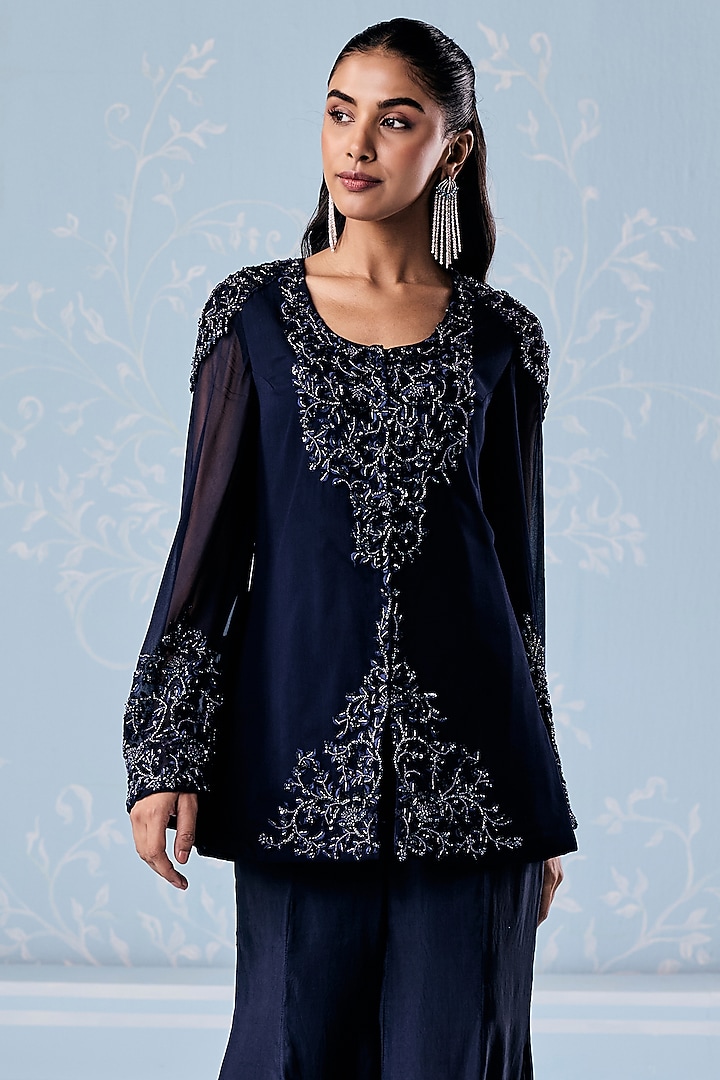 Navy Blue Habutai Silk Embellished Jacket Set by Seema Thukral at Pernia's Pop Up Shop