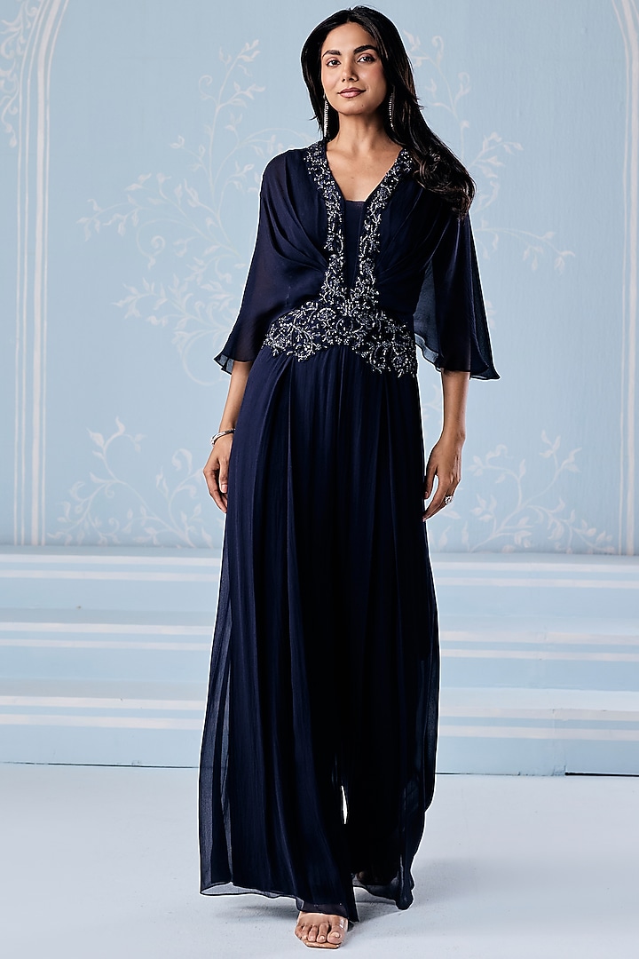 Navy Blue Georgette Embellished Jumpsuit by Seema Thukral at Pernia's Pop Up Shop