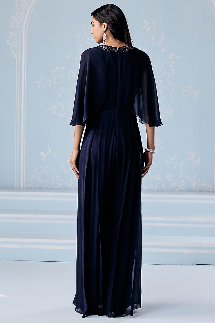 Navy Blue Georgette Embellished Jumpsuit by Seema Thukral at Pernia's Pop Up Shop