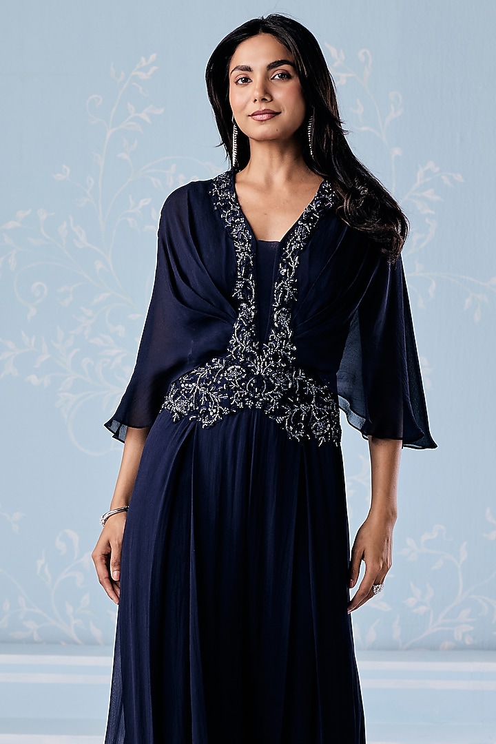 Navy Blue Georgette Embellished Jumpsuit by Seema Thukral at Pernia's Pop Up Shop