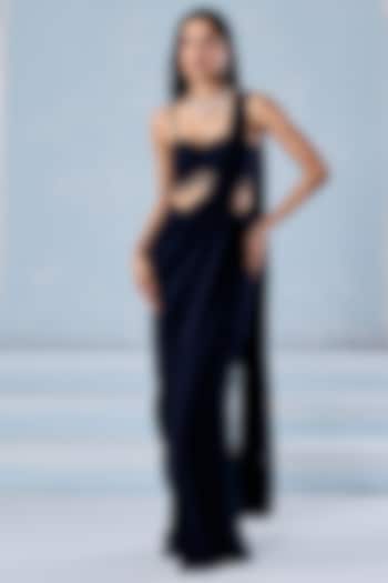 Navy Blue Georgette Embellished Pre-Stitched Party Wear Saree Set by Seema Thukral at Pernia's Pop Up Shop