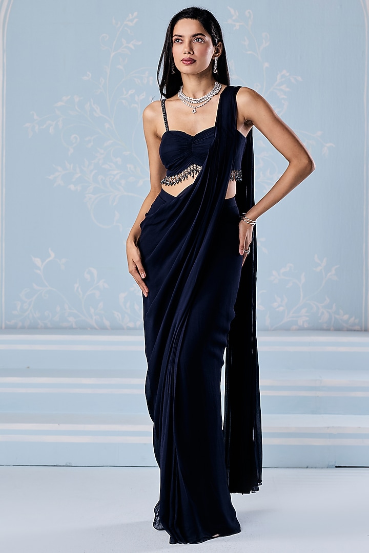 Navy Blue Georgette Embellished Pre-Stitched Party Wear Saree Set by Seema Thukral at Pernia's Pop Up Shop