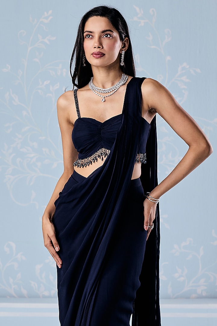 Navy Blue Georgette Embellished Pre-Stitched Party Wear Saree Set by Seema Thukral at Pernia's Pop Up Shop