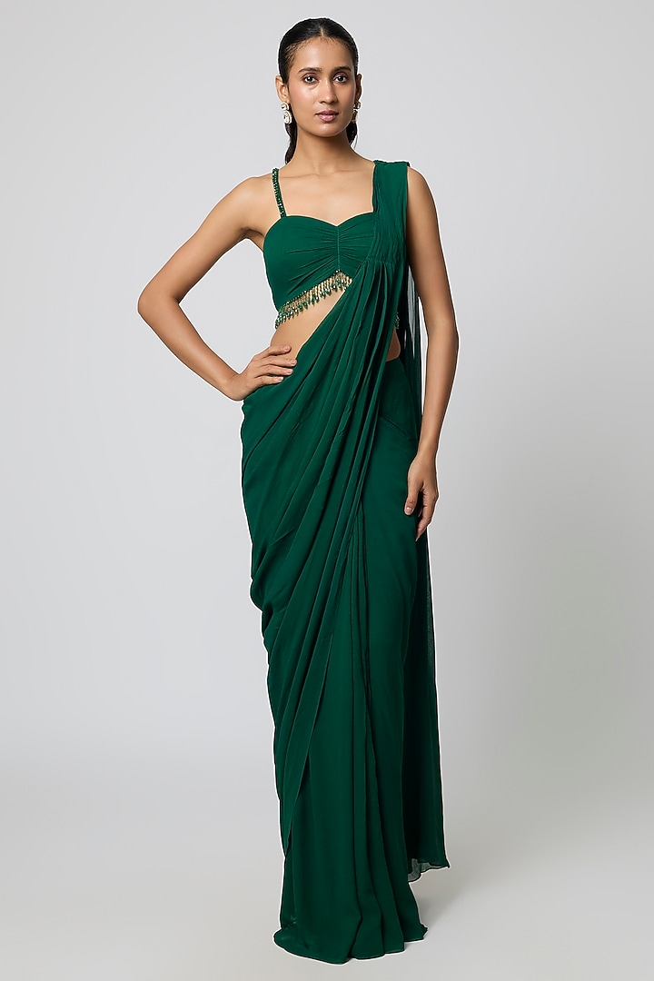 Emerald Green Georgette Pre-Stitched Party Wear Saree Set by Seema Thukral at Pernia's Pop Up Shop