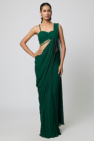 Emerald Green Georgette Pre-Stitched Saree Set by Seema Thukral