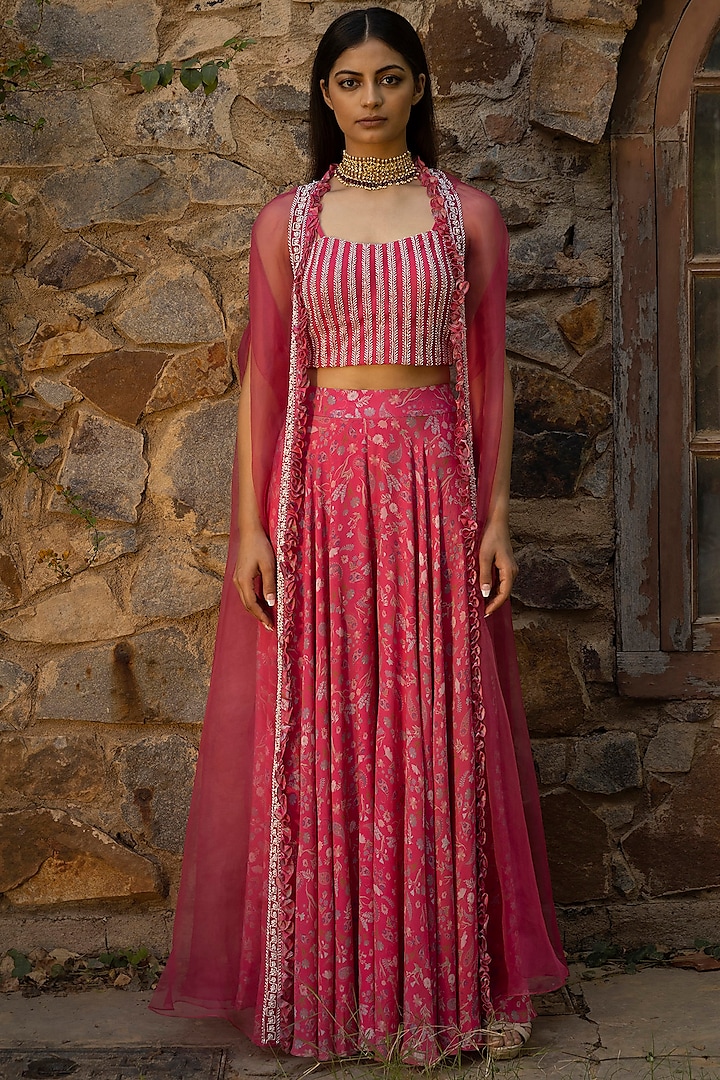 Fuchsia Pink Embellished & Printed Sharara Set by Seema Thukral
