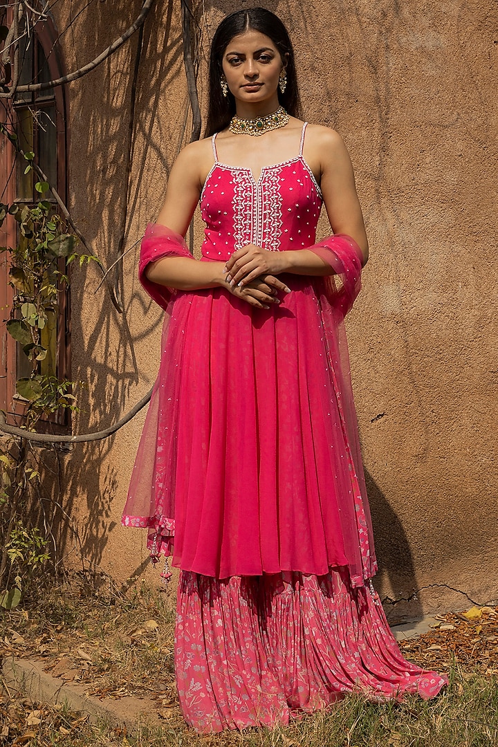 Fuchsia Pink Printed Sharara Set by Seema Thukral