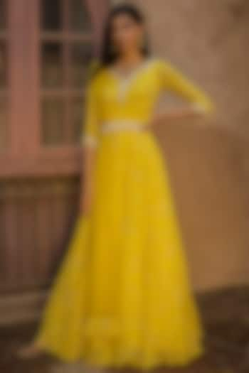 Lemon Yellow Embellished Anarkali With Dupatta & Belt by Seema Thukral at Pernia's Pop Up Shop