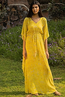 Lemon Yellow Printed Kaftan With Tassels by Seema Thukral-KAFTANS