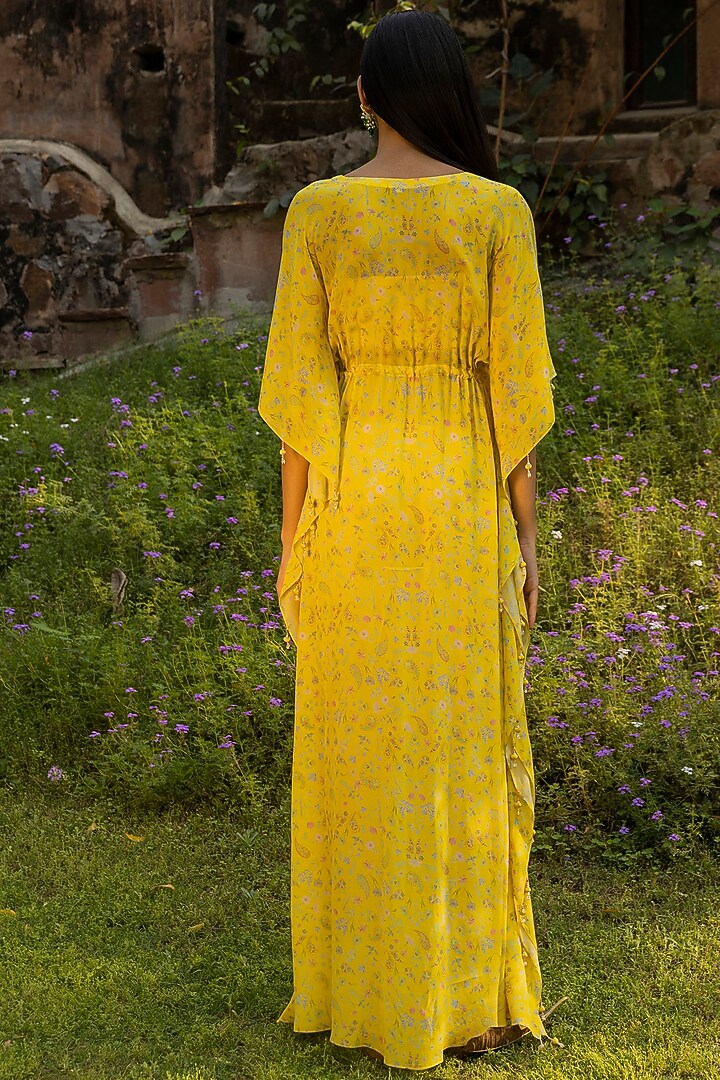 Lemon Yellow Printed Kaftan With Tassels by Seema Thukral at Pernia's Pop Up Shop