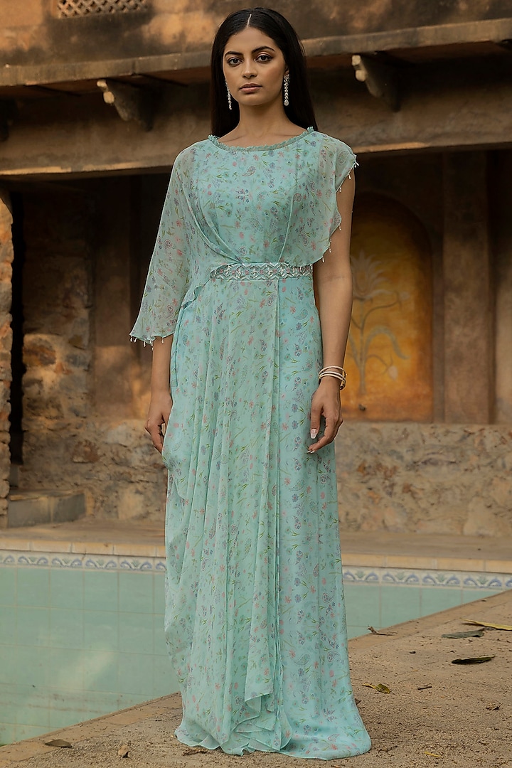 Mint Blue Printed & Hand Embellished Dress by Seema Thukral