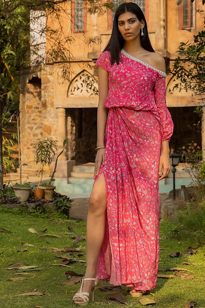 Fuchsia Pink Embellished Draped Dress by Seema Thukral at Pernia's Pop Up Shop