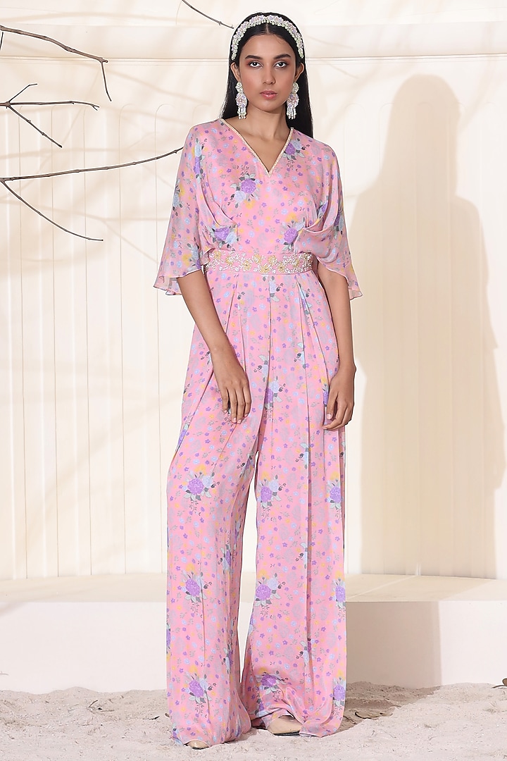 Dusty Pink Printed Chiffon Jumpsuit by Seema Thukral