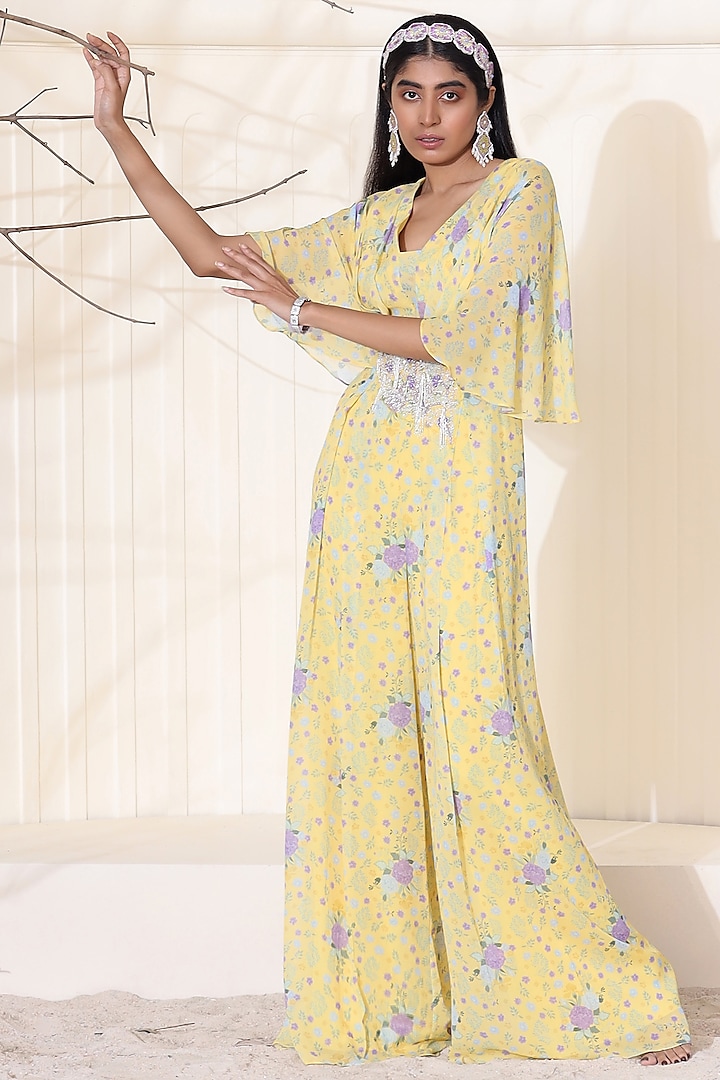 Butter Yellow Hand Embroidered Jumpsuit by Seema Thukral