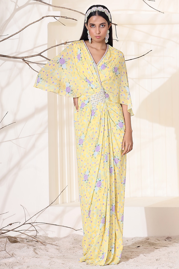 Butter Yellow Hand Embroidered Maxi Dress by Seema Thukral
