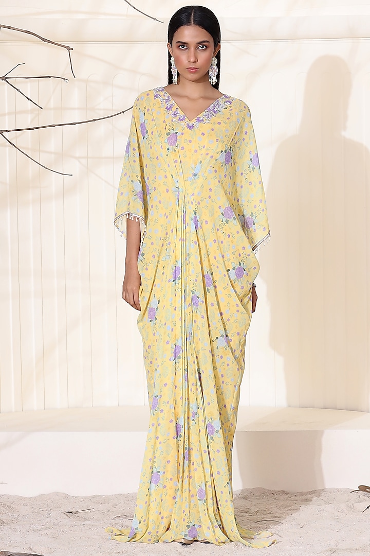 Butter Yellow Hand Embroidered Kaftan by Seema Thukral