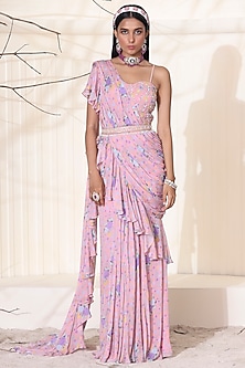 Dusty Pink Ruffled Saree Set by Seema Thukral-TROUSSEAU