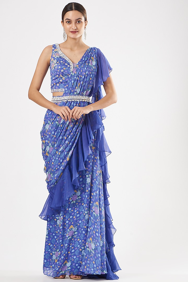 Blue Floral Printed Draped Saree Set by Seema Thukral