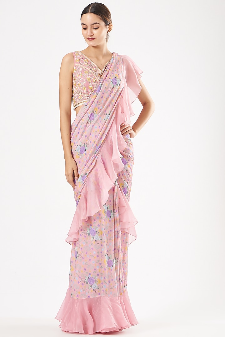 Blush Pink Chiffon Printed Draped Saree Set by Seema Thukral