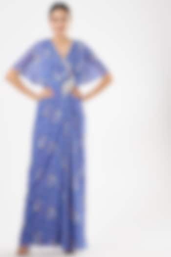 Blue Printed Draped Maxi Dress by Seema Thukral