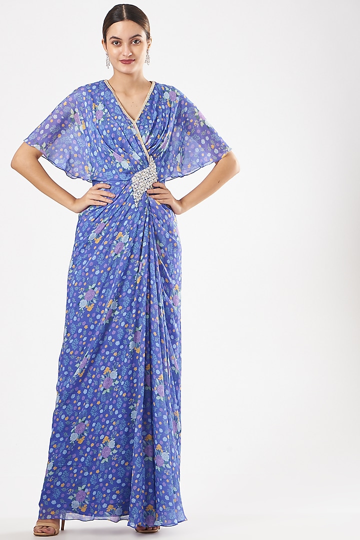 Blue Printed Draped Maxi Dress by Seema Thukral at Pernia's Pop Up Shop