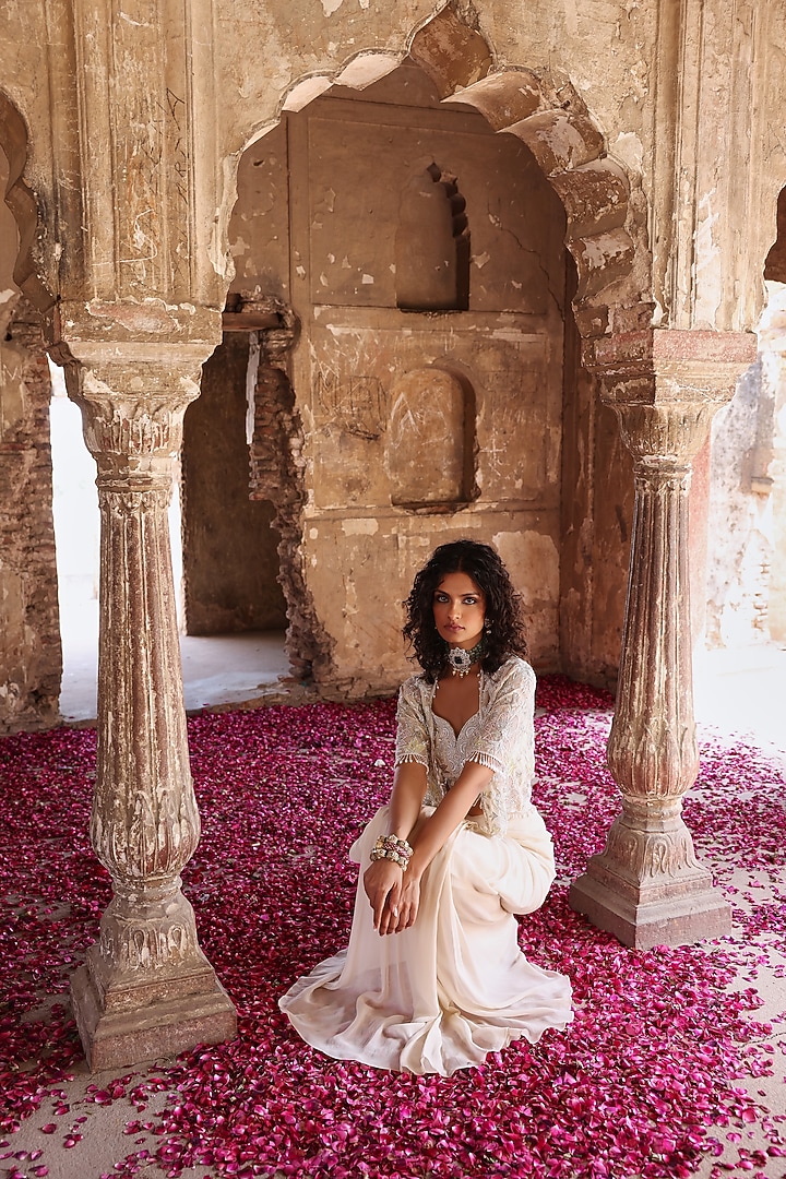 Ivory Georgette Draped Skirt Set by Seema Thukral at Pernia's Pop Up Shop