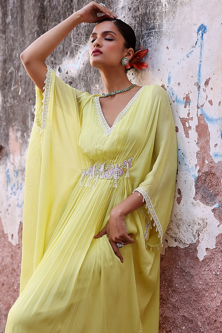 Neon Green Chiffon Sequins Hand Embellished Kaftan by Seema Thukral at Pernia's Pop Up Shop