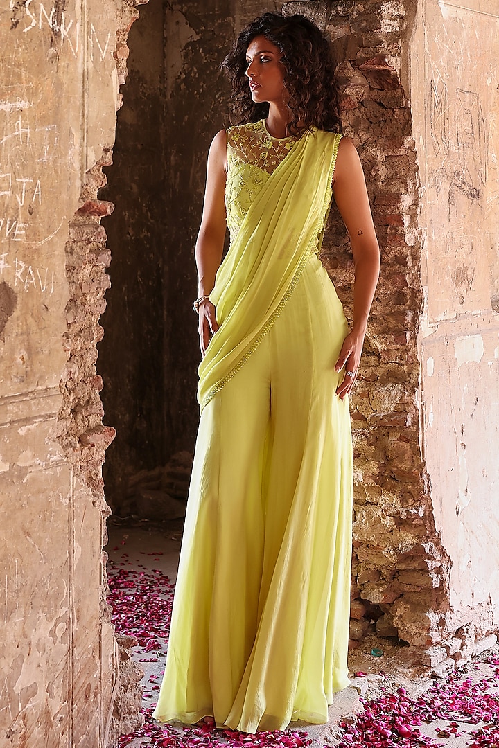 Neon Green Georgette Sequins Hand Embellished Draped Jumpsuit by Seema Thukral