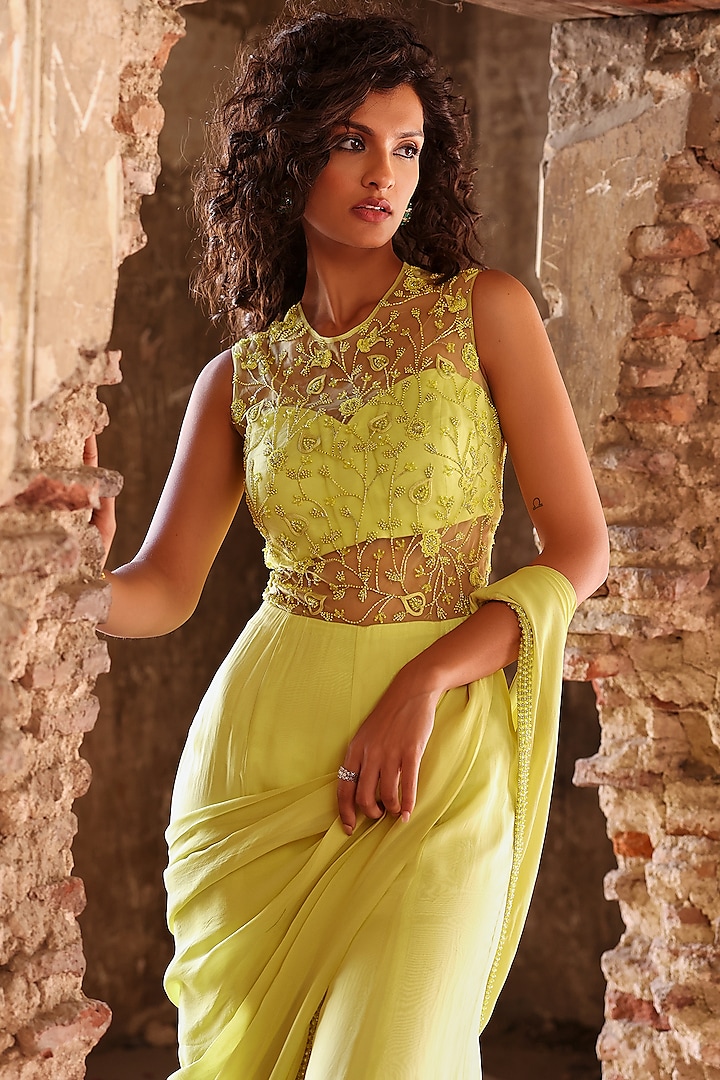 Neon Green Georgette Sequins Hand Embellished Draped Jumpsuit by Seema Thukral at Pernia's Pop Up Shop